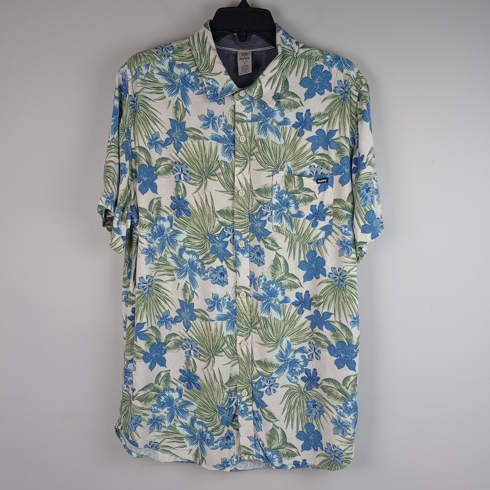 Hurley Mens L Blue Green Floral Tropical Short Sleeve Button Up Aloha Shirt
